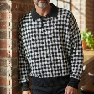 Vintage Mirage Checkered Knit Polo Sweater Black White Retro Men’s Large UK